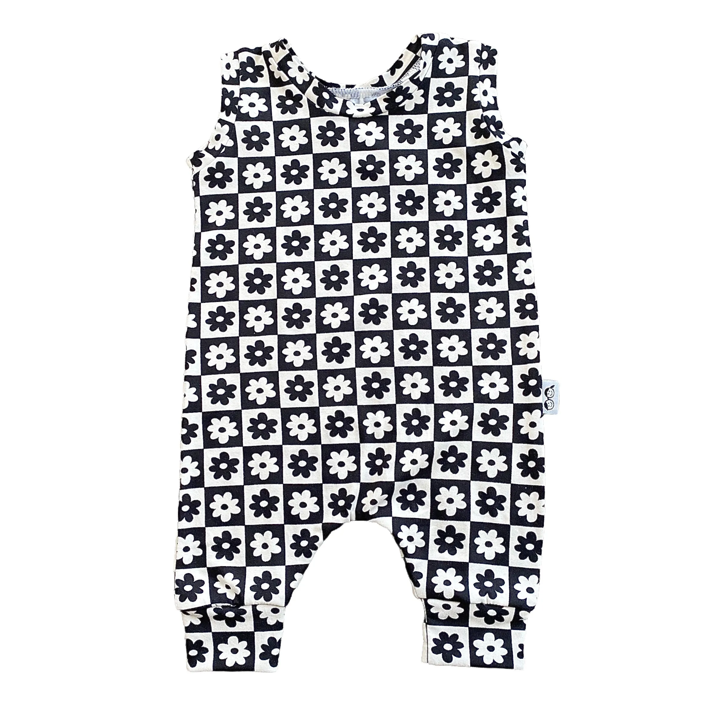 Black and Ivory Checkered Florals Harem Romper
