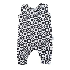 Black and Ivory Checkered Florals Harem Romper