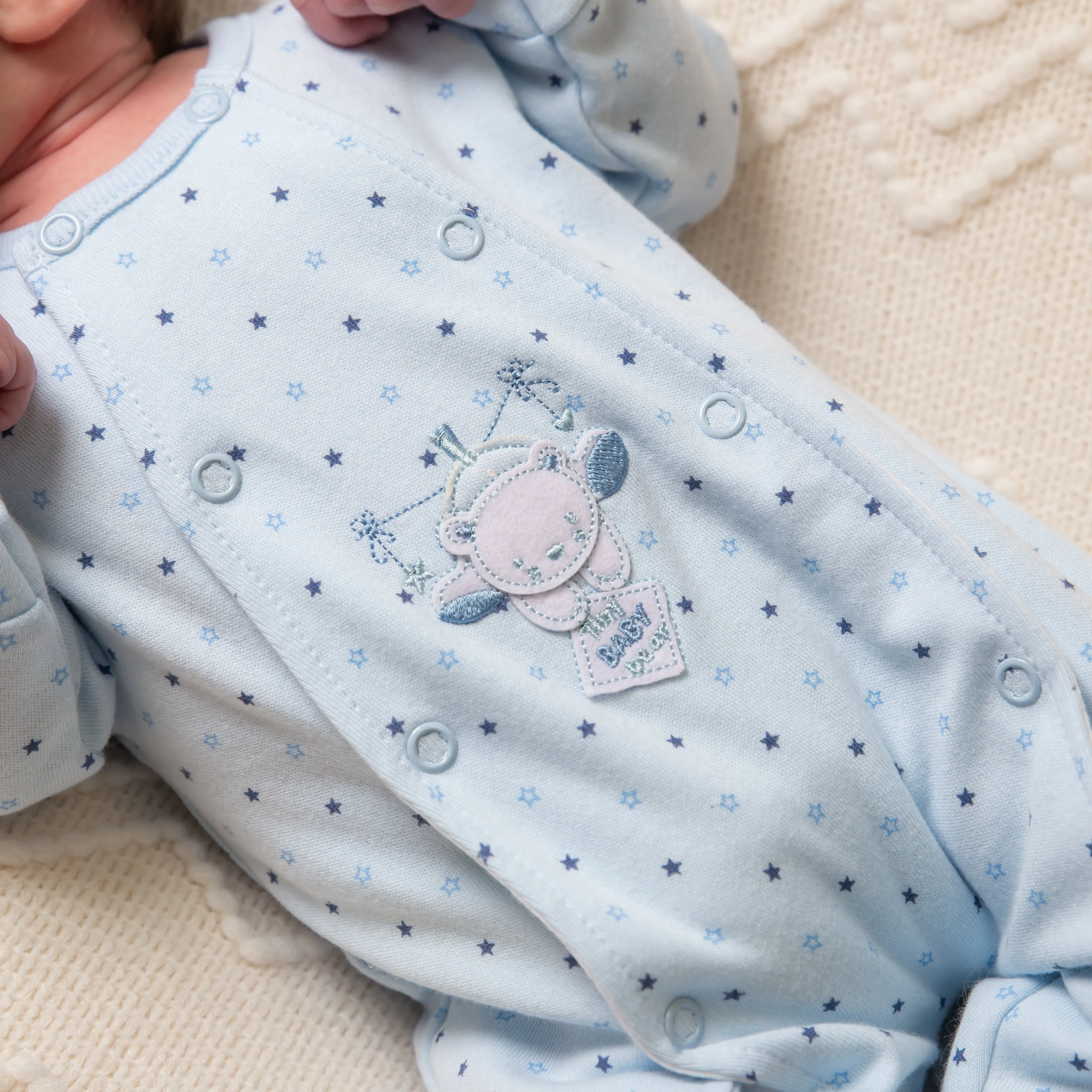 Blue 'Hanging Bear' Star Print Sleepsuit