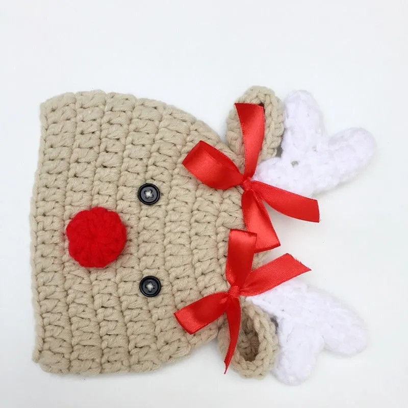 Cartoon Newborn Infant Crochet Knitted Christmas Deer Baby Hats for Boy Girl Cap Photography Props Bowknot Hat Girl