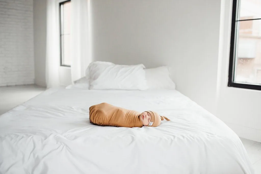 Copper Pearl Newborn Top Knot Hat - Camel