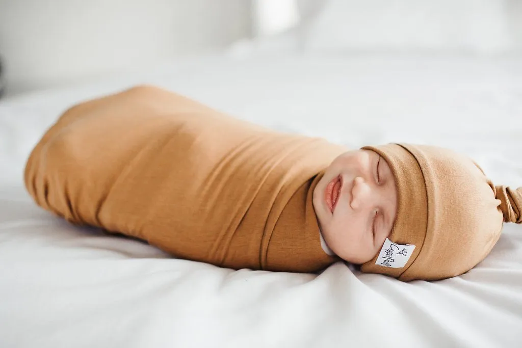 Copper Pearl Newborn Top Knot Hat - Camel