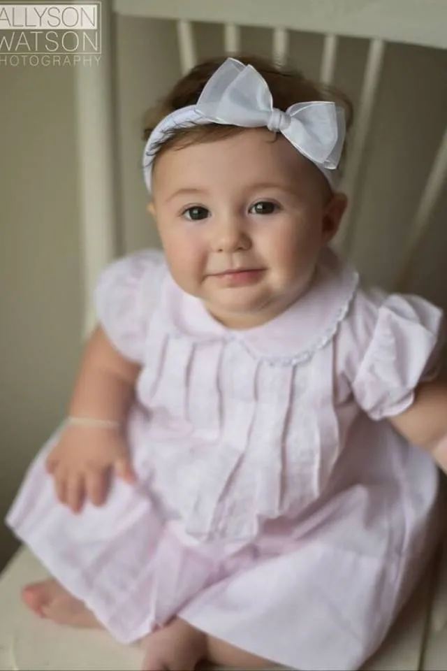 Front Pleated Baby Girls Pink Dress with Lace Inserts