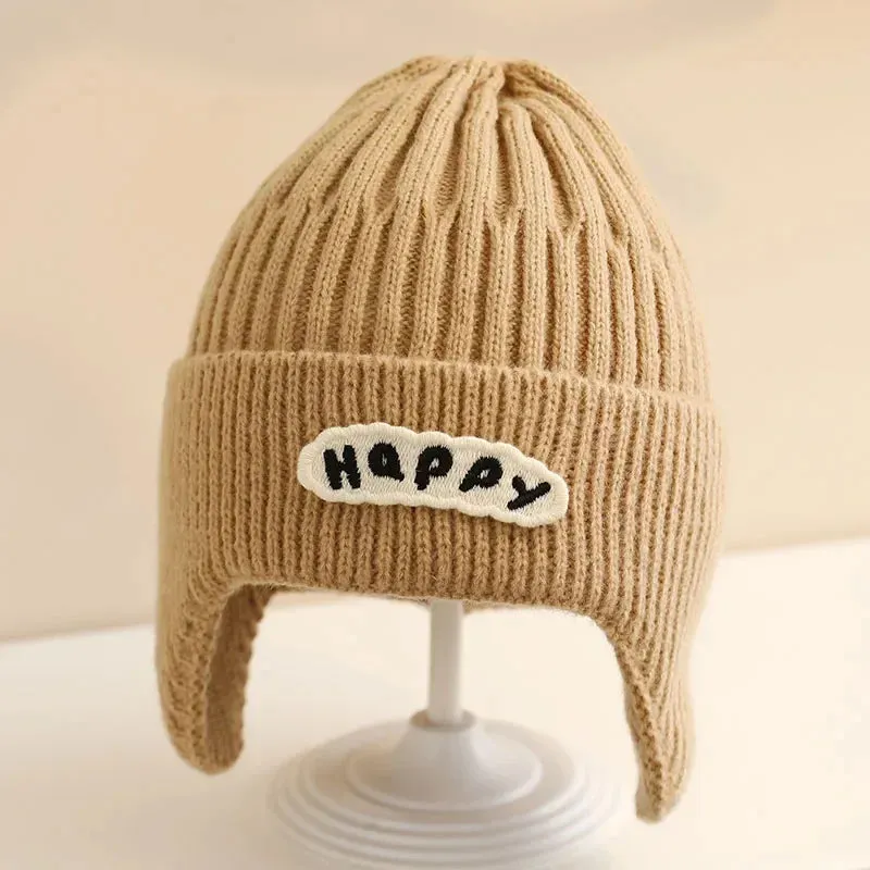 Happy Letter Print Baby Knit Beanies with Earflap