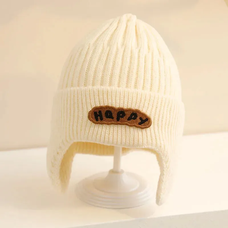 Happy Letter Print Baby Knit Beanies with Earflap