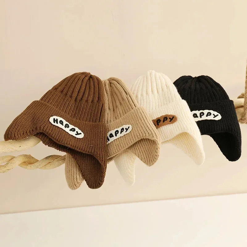 Happy Letter Print Baby Knit Beanies with Earflap