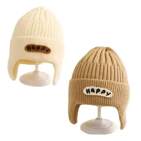 Happy Letter Print Baby Knit Beanies with Earflap