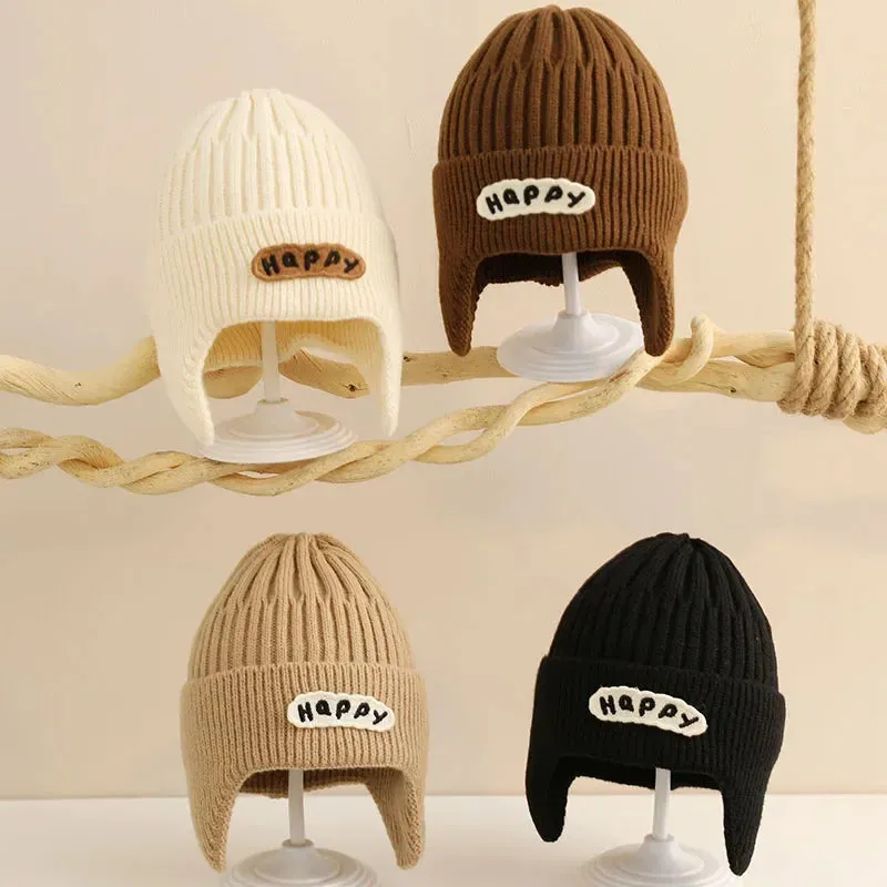 Happy Letter Print Baby Knit Beanies with Earflap