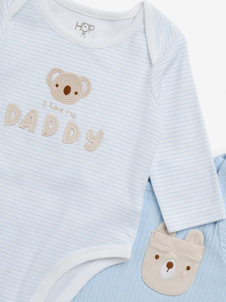 HOP Baby Light Blue Animal Print Cotton Rompers and Bib - Pack of 2