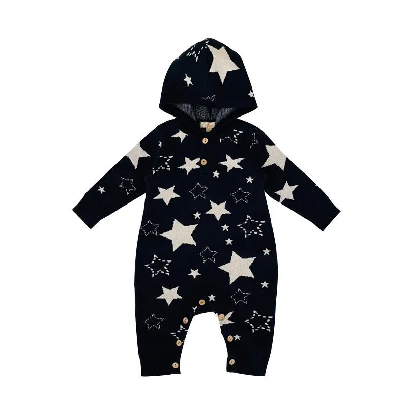 Knitted Organic Cotton Baby Hooded Rompers