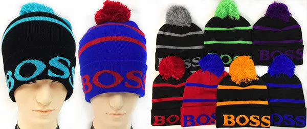 knitted pompom hats "boss" design Case of 12