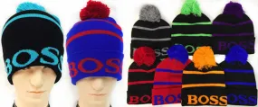 knitted pompom hats "boss" design Case of 12