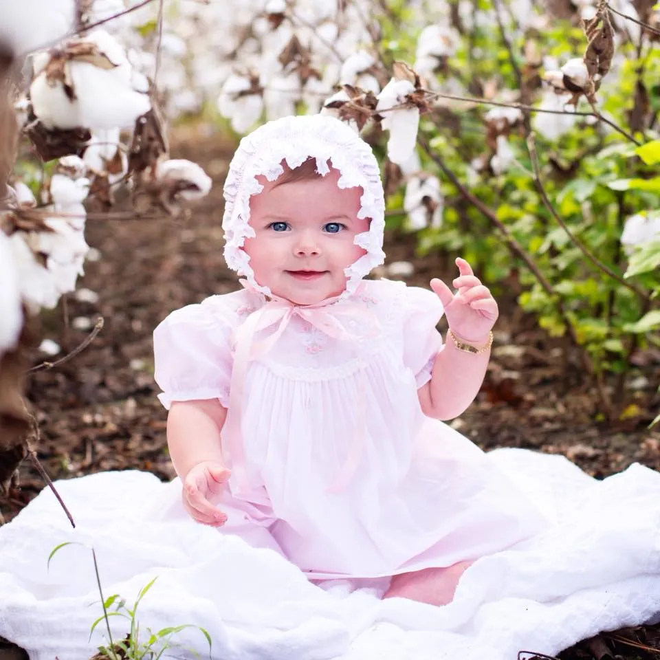 Lace Trimmed Embroidered Pink Baby Dress