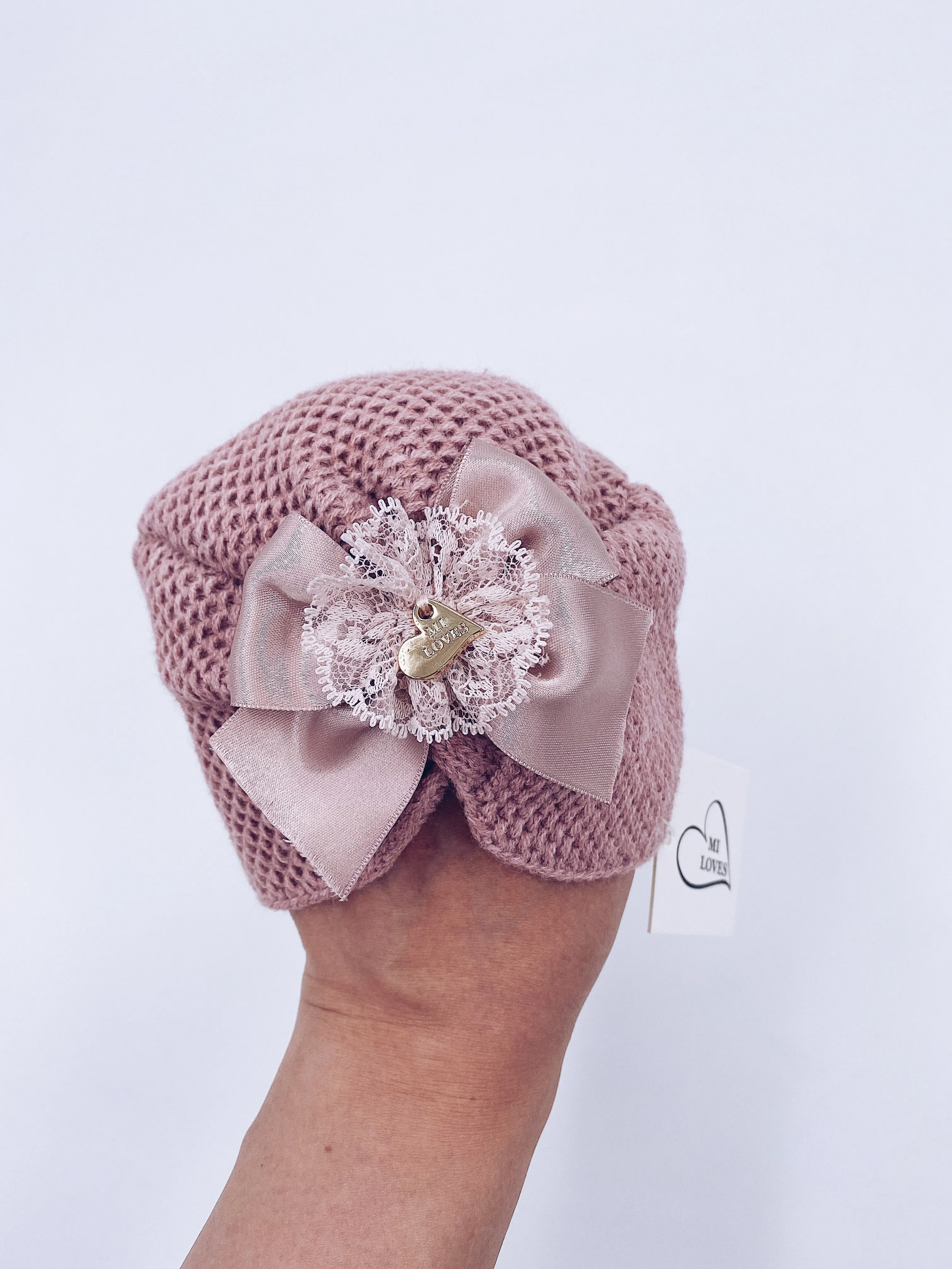 MI LOVEE SIGNATURE Luxurious knitted Turban hat with lace detail.