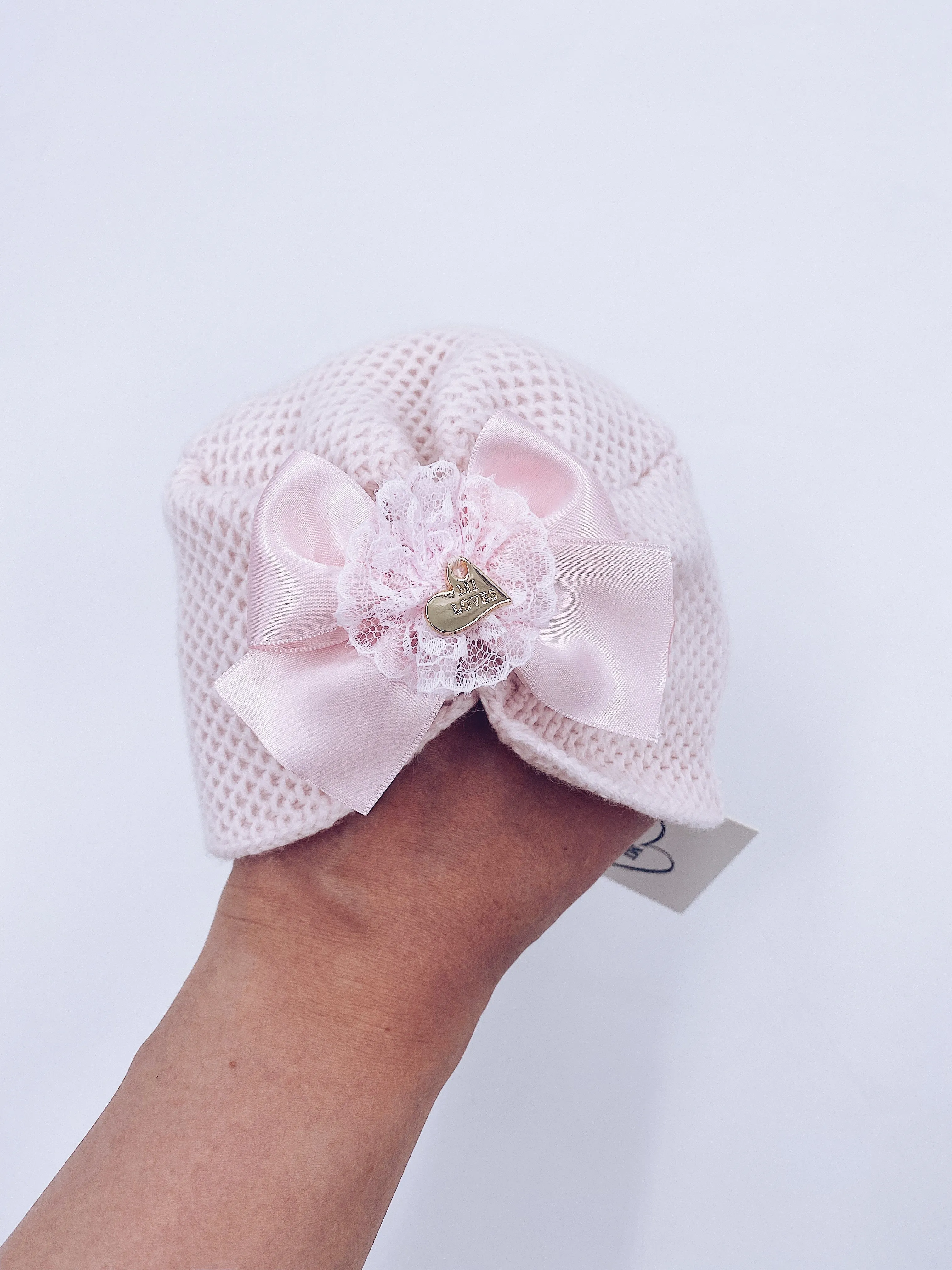 MI LOVEE SIGNATURE Luxurious knitted Turban hat with lace detail.