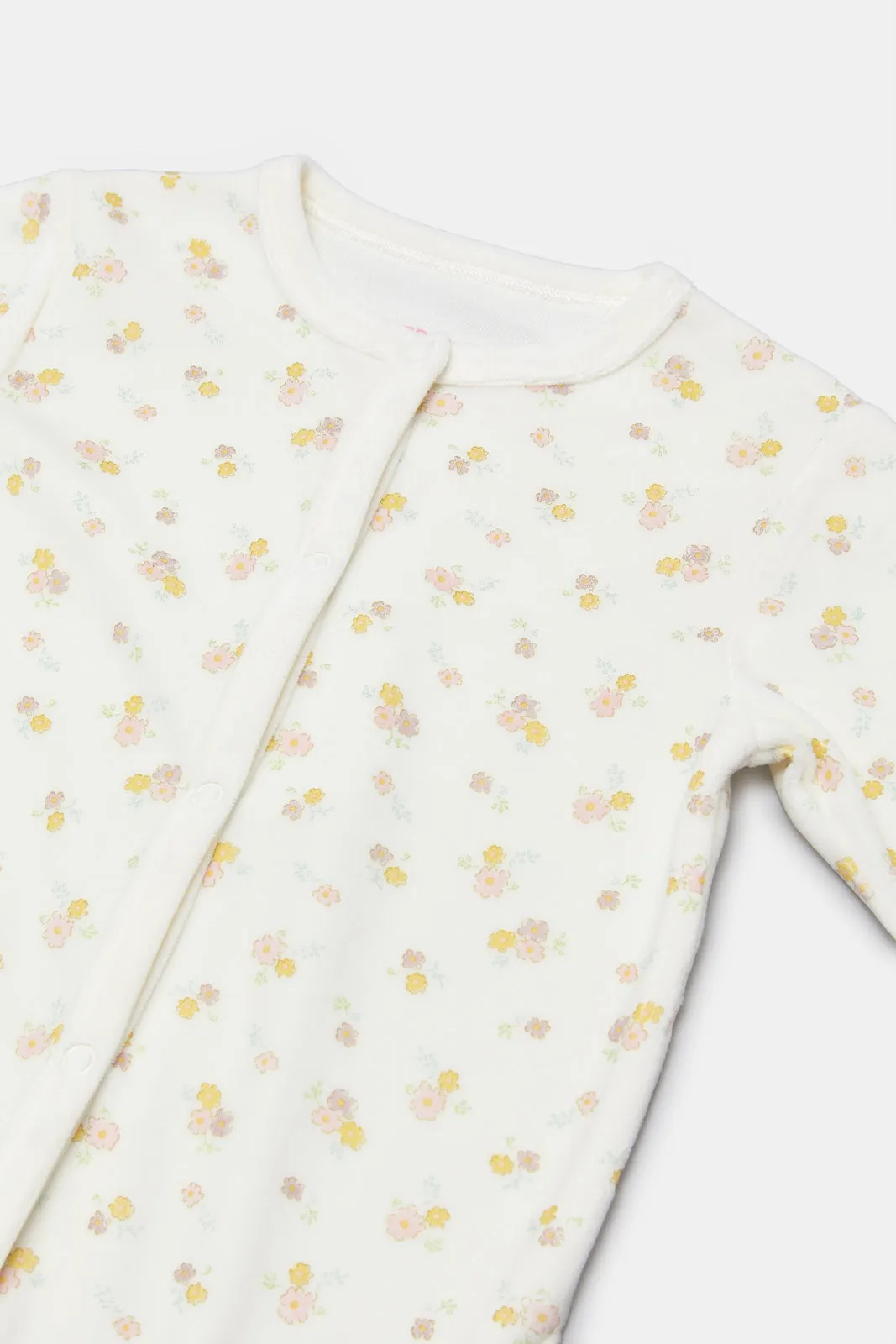Newborn Cream Velour Allover Print Sleepsuit
