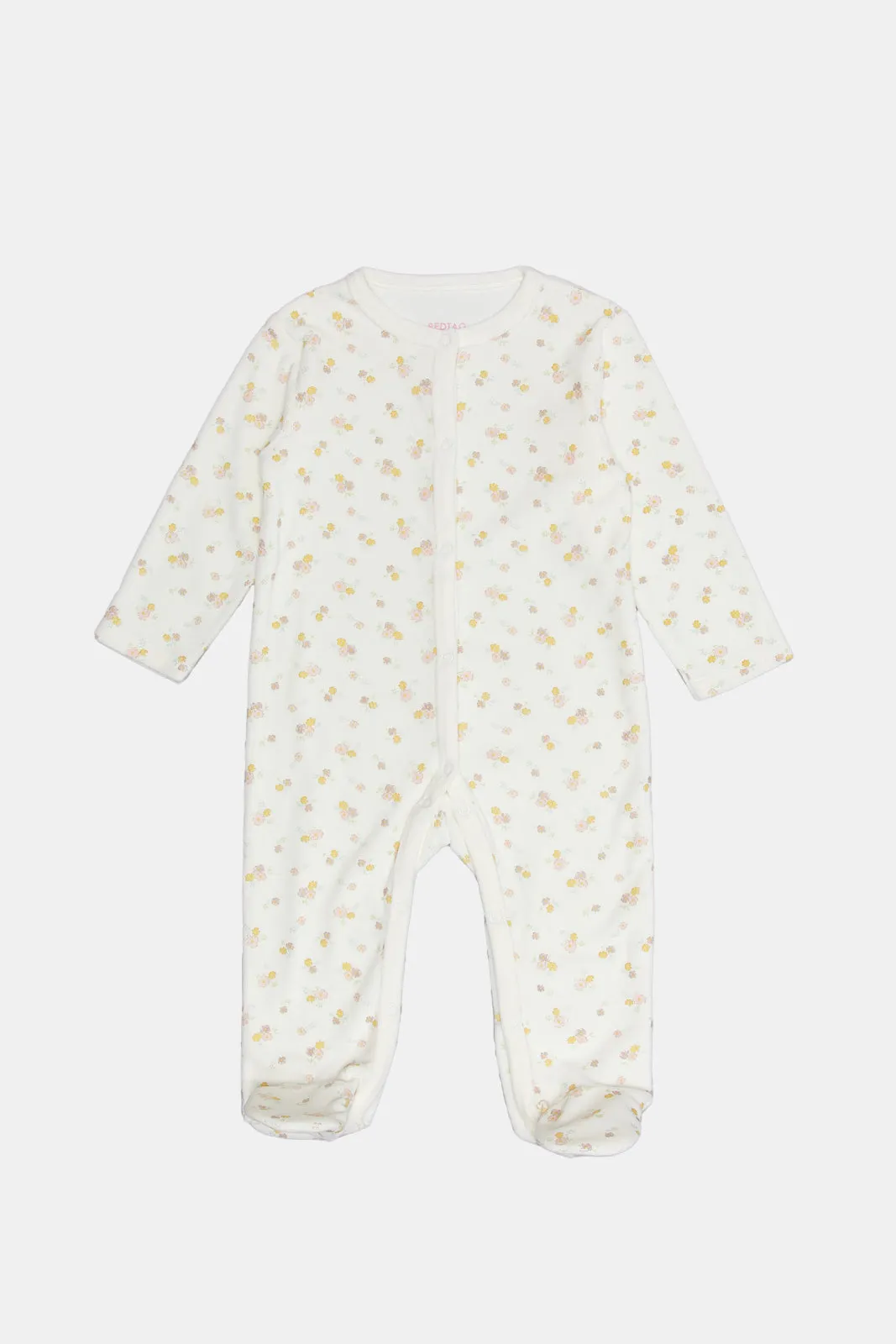 Newborn Cream Velour Allover Print Sleepsuit