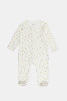 Newborn Cream Velour Allover Print Sleepsuit