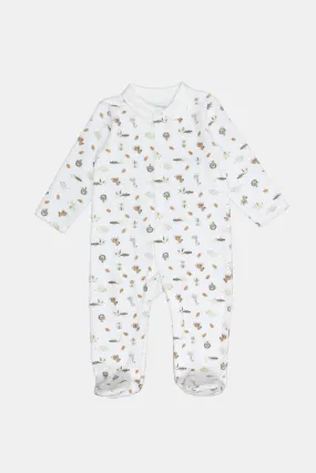Newborn White Collared Printed Sleepsuit