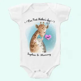 Our First Mothers day Onesie   Cute Giraffe baby personalized Onesie