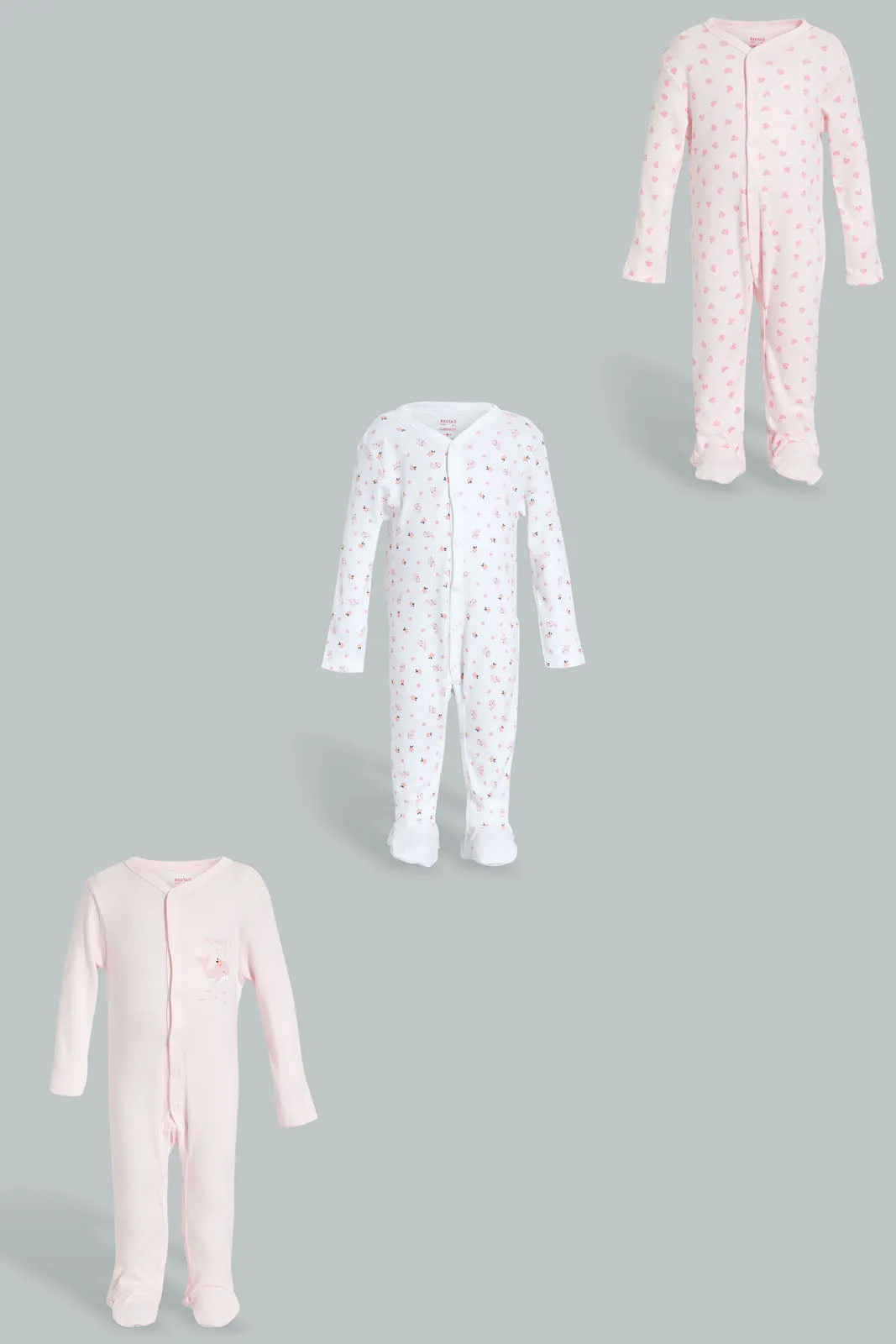 Pink And White Printed Sleepsuit Set (3 Piece)