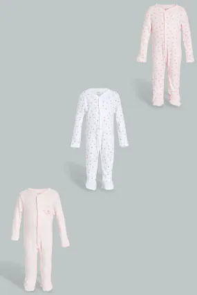 Pink And White Printed Sleepsuit Set (3 Piece)