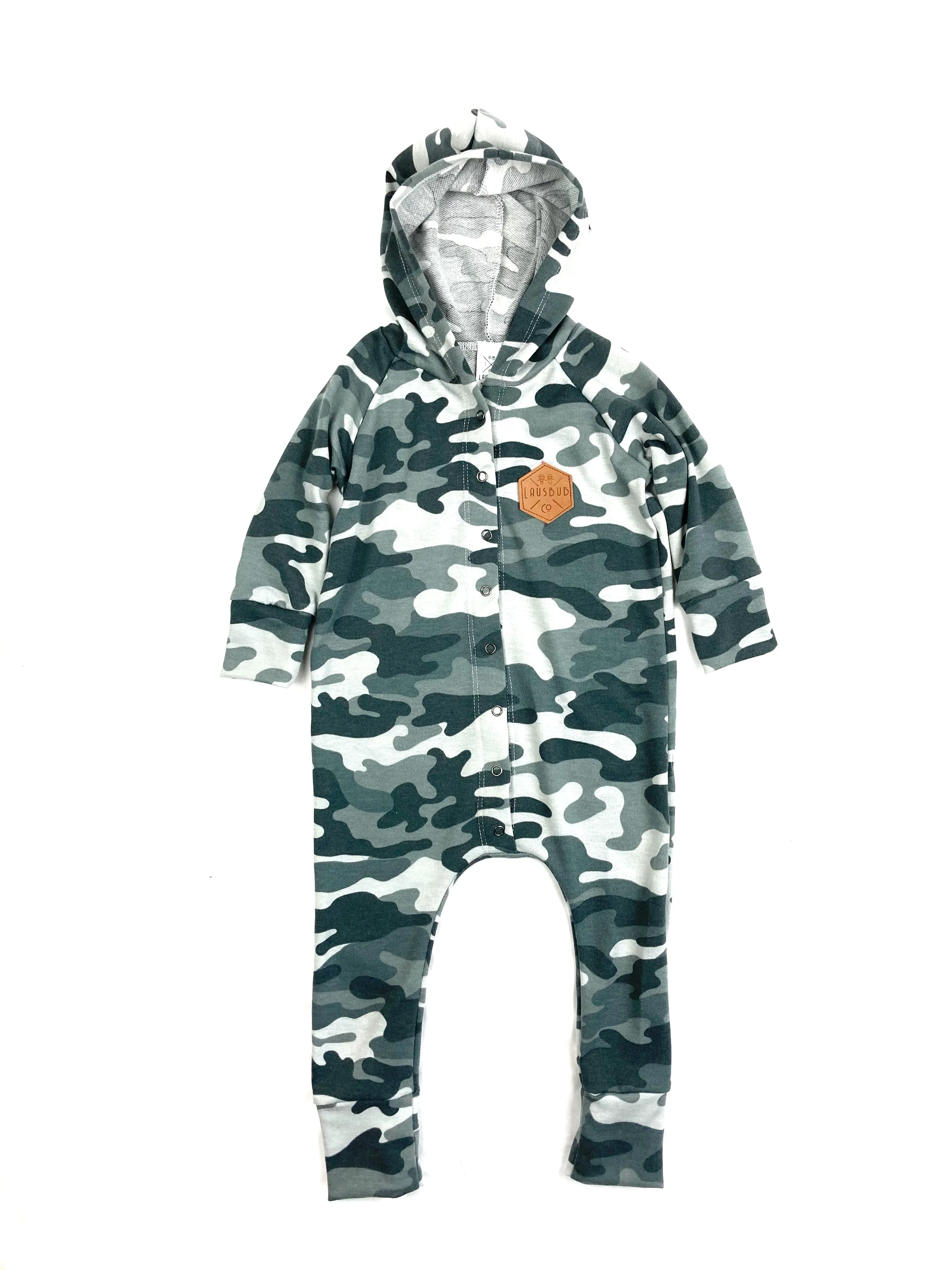 Snow camo snap romper