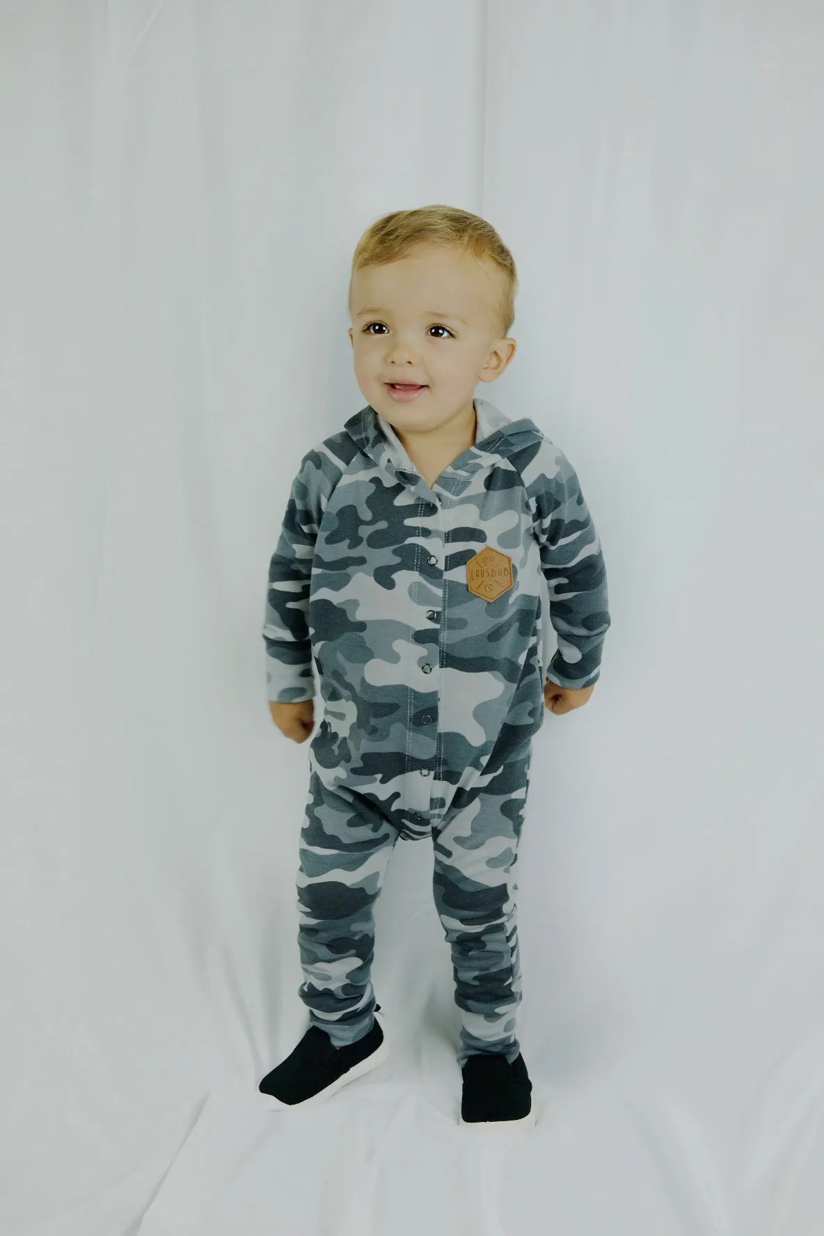 Snow camo snap romper
