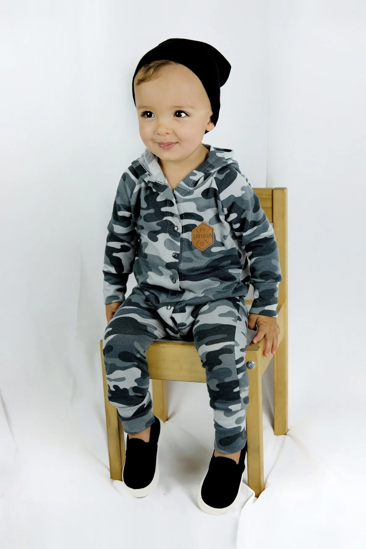 Snow camo snap romper