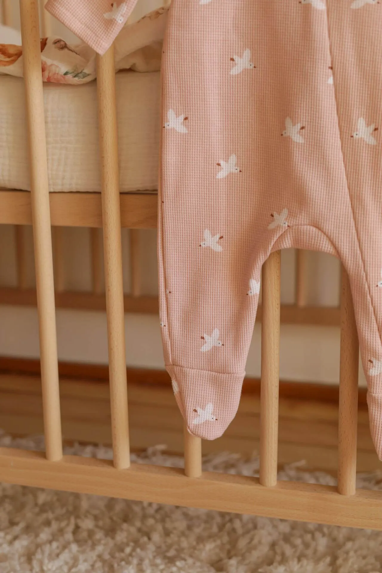 Soft Cotton Baby Sleepsuit, Zip Up - Powder Pink Birds (0-12 months)