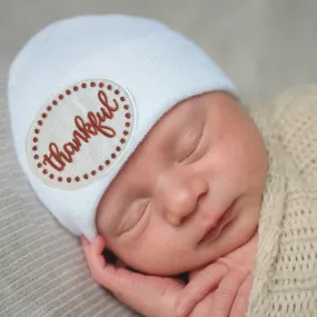 Thankful Thanksgiving Patch White Newborn Hospital Hat - Gender Neutral - Boy or Girl