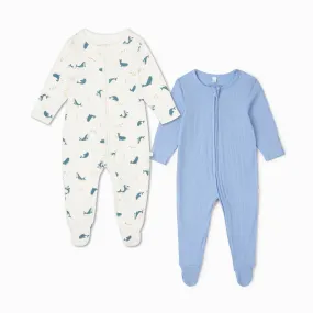 Whale Print & Ribbed Clever Zip Sleepsuit 2 Pack